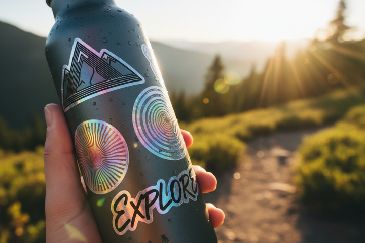 Holografische Sticker auf Wasserflasche