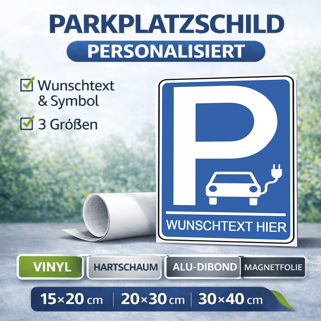 Personalisiertes Parkplatzschild – E - Auto – Wunschtext – verschiedene Designs & Materialien - P4Print