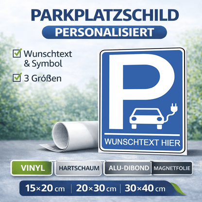 Personalisiertes Parkplatzschild – E - Auto – Wunschtext – verschiedene Designs & Materialien - P4Print