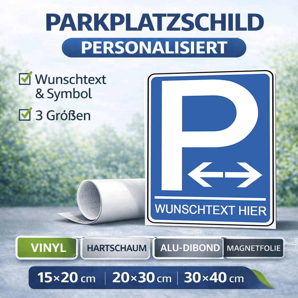 Personalisiertes Parkplatzschild – Pfeil – Wunschtext – verschiedene Designs & Materialien - P4Print