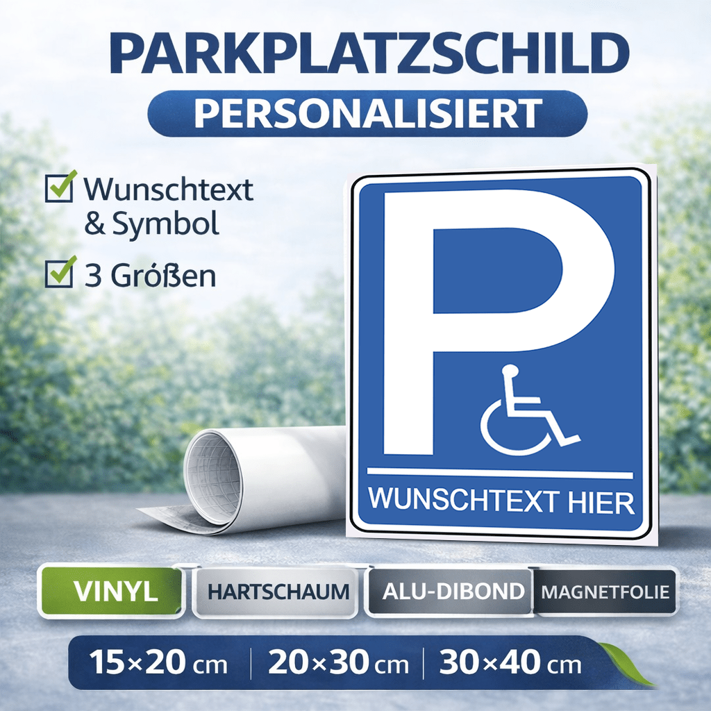 Personalisiertes Parkplatzschild – Rollstuhl – Wunschtext – verschiedene Designs & Materialien - P4Print